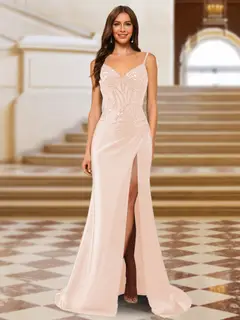 Sparkly Trumpet/Mermaid Spaghetti Straps Long Evening Dresses with Side Slit — view 17