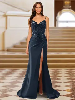 Sparkly Trumpet/Mermaid Spaghetti Straps Long Evening Dresses with Side Slit — view 18