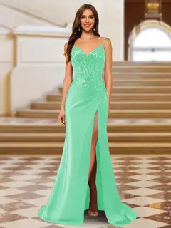 Sparkly Trumpet/Mermaid Spaghetti Straps Long Evening Dresses with Side Slit — view 19