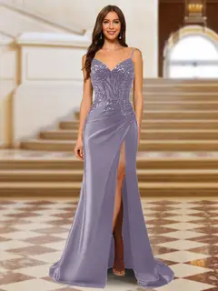 Sparkly Trumpet/Mermaid Spaghetti Straps Long Evening Dresses with Side Slit — view 23