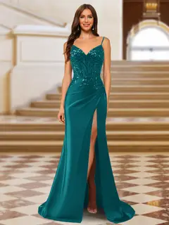 Sparkly Trumpet/Mermaid Spaghetti Straps Long Evening Dresses with Side Slit — view 26