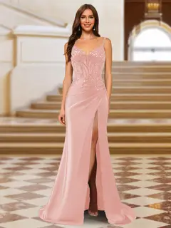 Sparkly Trumpet/Mermaid Spaghetti Straps Long Evening Dresses with Side Slit — view 30