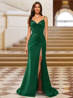 Sparkly Trumpet/Mermaid Spaghetti Straps Long Evening Dresses with Side Slit — view 35
