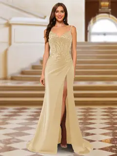 Sparkly Trumpet/Mermaid Spaghetti Straps Long Evening Dresses with Side Slit — view 36