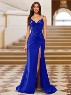 Sparkly Trumpet/Mermaid Spaghetti Straps Long Evening Dresses with Side Slit — view 44
