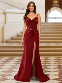 Sparkly Trumpet/Mermaid Spaghetti Straps Long Evening Dresses with Side Slit — view 45