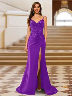 Sparkly Trumpet/Mermaid Spaghetti Straps Long Evening Dresses with Side Slit — view 46