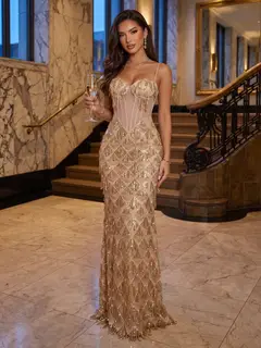 Trumpet/Mermaid Spaghetti Straps Sweetheart Floor-Length Long Evening Dresses with Sequins — view 1