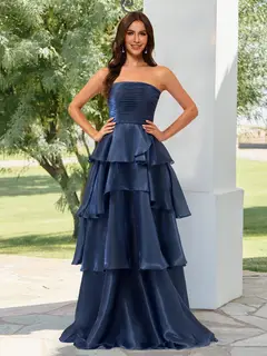 A-Line/Princess Strapless Ruffle Tiered Prom Dresses with Split Side — view 1