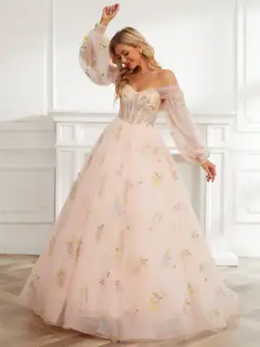 Ball Gown Sweetheart Embroidery Tulle Long Prom Dresses with Detachable Shawl & Sleeves — view 4