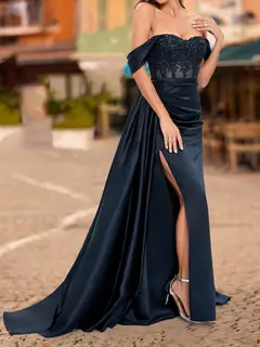 Trumpet/Mermaid Off-the-Shoulder Short Sleeves Sequins Prom Dresses — view 3