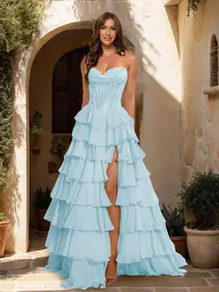 A-Line/Princess Sweetheart Ruffle Tiered Prom Dresses with Split Side — view 31