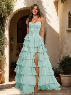 A-Line/Princess Sweetheart Ruffle Tiered Prom Dresses with Split Side — view 41