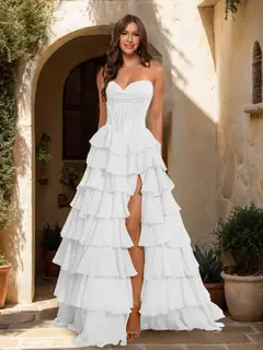 A-Line/Princess Sweetheart Ruffle Tiered Prom Dresses with Split Side — view 46