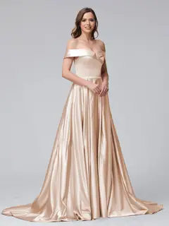 A-Line Off-the-Shoulder Long Satin Evening Dresses with Split Side & Pockets — view 27