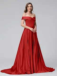 A-Line Off-the-Shoulder Long Satin Evening Dresses with Split Side & Pockets — view 33