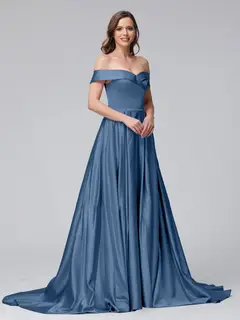 A-Line Off-the-Shoulder Long Satin Evening Dresses with Split Side & Pockets — view 48