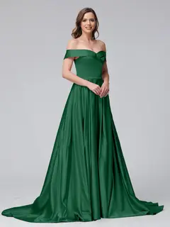 A-Line Off-the-Shoulder Long Satin Evening Dresses with Split Side & Pockets — view 64