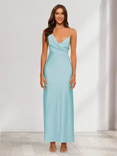 Sheath/Column V-Neck Ruched Ankle-Length Satin Evening Dresses — view 29