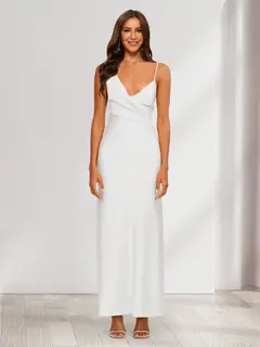 Sheath/Column V-Neck Ruched Ankle-Length Satin Evening Dresses — view 41