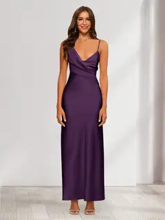 Sheath/Column V-Neck Ruched Ankle-Length Satin Evening Dresses — view 49