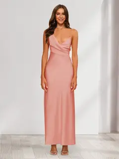 Sheath/Column V-Neck Ruched Ankle-Length Satin Evening Dresses — view 55