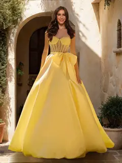 A-Line/Princess Sweetheart Sheer Corset Beaded Prom Dresses with Bow — view 1