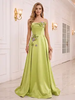 A-Line/Princess Strapless Sleeveless Floor-Length Evening Dresses with Ruched & 3D Floral — view 1