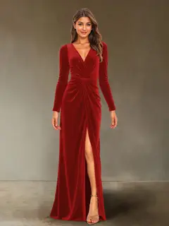 Sheath/Column V-Neck Long Sleeves Velvet Ruched Evening Dresses with Side Slit — view 6