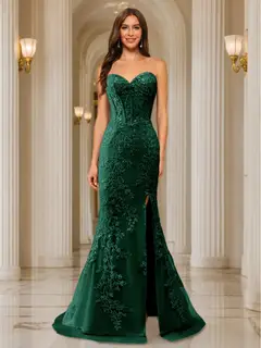 Trumpet/Mermaid Sweetheart Pleated Tulle Long Evening Dresses with Side Slit & Appliques — view 19