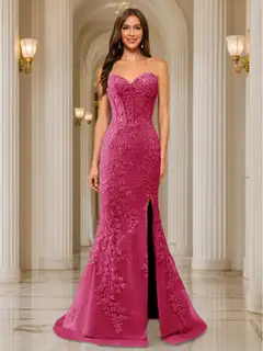Trumpet/Mermaid Sweetheart Pleated Tulle Long Evening Dresses with Side Slit & Appliques — view 21