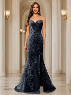 Trumpet/Mermaid Sweetheart Pleated Tulle Long Evening Dresses with Side Slit & Appliques — view 43