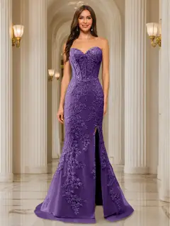 Trumpet/Mermaid Sweetheart Pleated Tulle Long Evening Dresses with Side Slit & Appliques — view 54