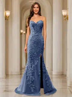 Trumpet/Mermaid Sweetheart Pleated Tulle Long Evening Dresses with Side Slit & Appliques — view 64