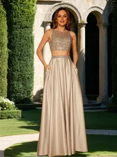 A-Line/Princess Scoop Sleeveless Two Piece Long Prom Dresses — view 1
