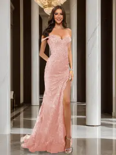 Trumpet/Mermaid Off-the-Shoulder Slit Long Prom Dresses with Sequin Appliques — view 5
