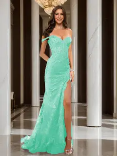 Trumpet/Mermaid Off-the-Shoulder Slit Long Prom Dresses with Sequin Appliques — view 62