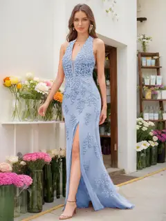 Trumpet/Mermaid Halter Sleeveless Beading Prom Dresses — view 9