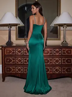 Sheath/Column Spaghetti Straps Long Sleeveless Floor-Length Evening Dresses with Split Side & Ruched — view 2