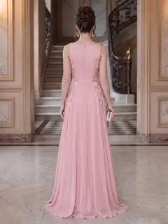 A-Line/Princess V-Neck Sleeveless Floor-Length Evening Dresses with Ruffles & Applique — view 2