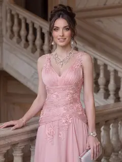 A-Line/Princess V-Neck Sleeveless Floor-Length Evening Dresses with Ruffles & Applique — view 3