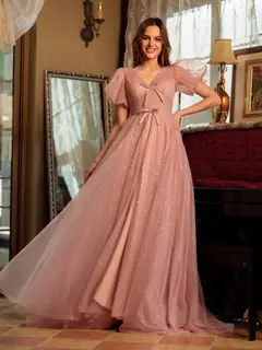 A-Line/Princess V-Neck Split Side Long Prom Dresses with Bow-Knot — view 4