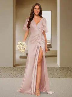 Trumpet/Mermaid V-Neck Short Sleeves Ruched Bridesmaid Dresses with Split Side & Ruffles — view 4