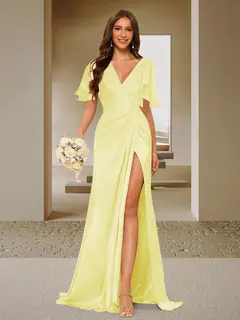 Trumpet/Mermaid V-Neck Short Sleeves Ruched Bridesmaid Dresses with Split Side & Ruffles — view 8