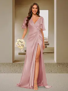 Trumpet/Mermaid V-Neck Short Sleeves Ruched Bridesmaid Dresses with Split Side & Ruffles — view 12