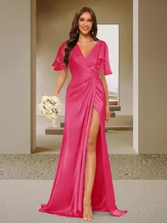 Trumpet/Mermaid V-Neck Short Sleeves Ruched Bridesmaid Dresses with Split Side & Ruffles — view 15