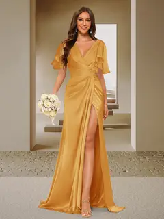 Trumpet/Mermaid V-Neck Short Sleeves Ruched Bridesmaid Dresses with Split Side & Ruffles — view 16