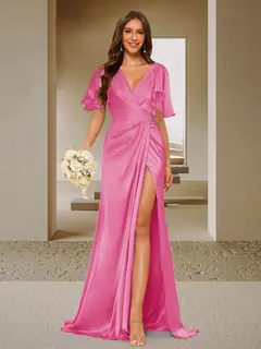 Trumpet/Mermaid V-Neck Short Sleeves Ruched Bridesmaid Dresses with Split Side & Ruffles — view 19