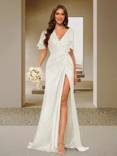 Trumpet/Mermaid V-Neck Short Sleeves Ruched Bridesmaid Dresses with Split Side & Ruffles — view 20
