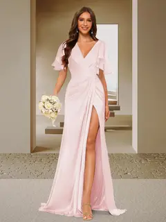 Trumpet/Mermaid V-Neck Short Sleeves Ruched Bridesmaid Dresses with Split Side & Ruffles — view 23